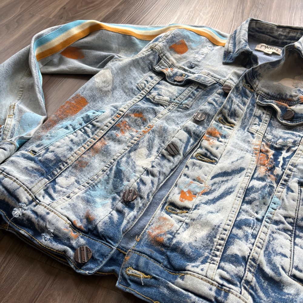 FWRD Denim Ice Blue & Gold Stripe with Paint Splatter Badass Jacket - Picture 5 of 11